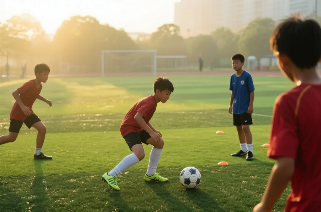 青训球员在草地训练的场景