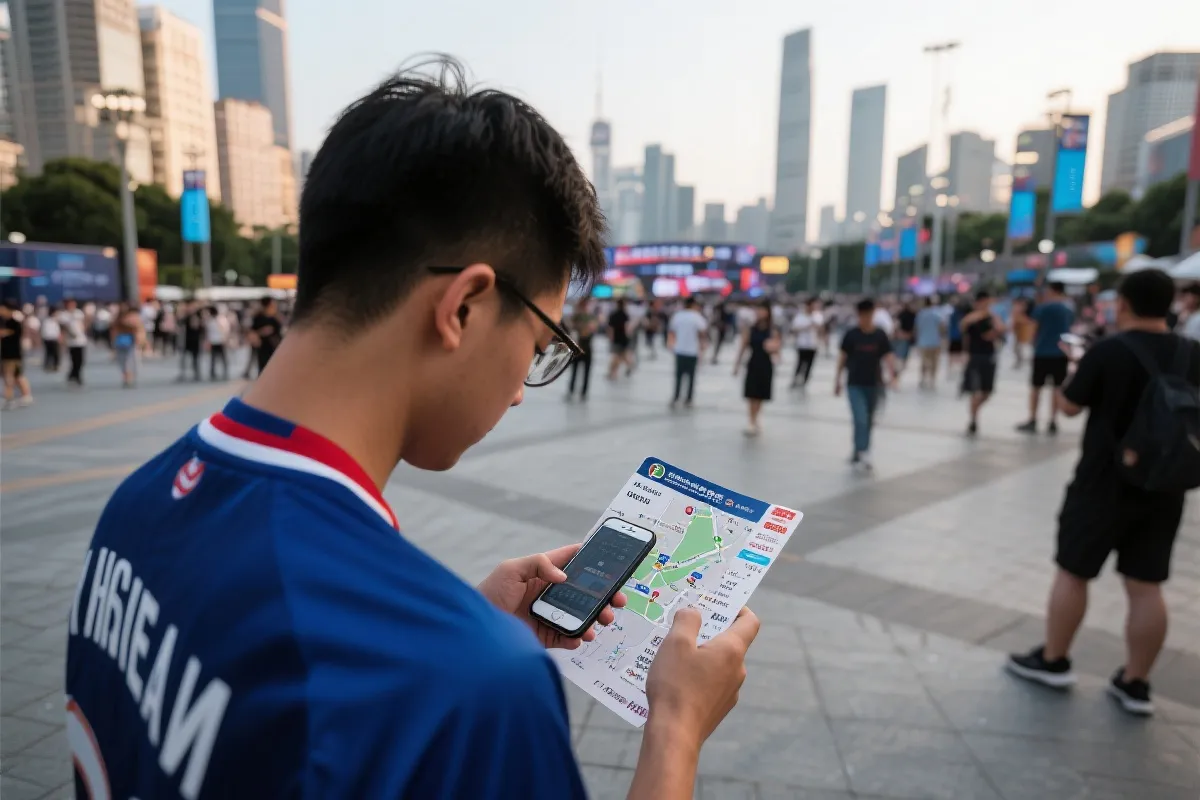 球迷在赛前广场查看手机地图与票务信息,准备进入球场的实用场景